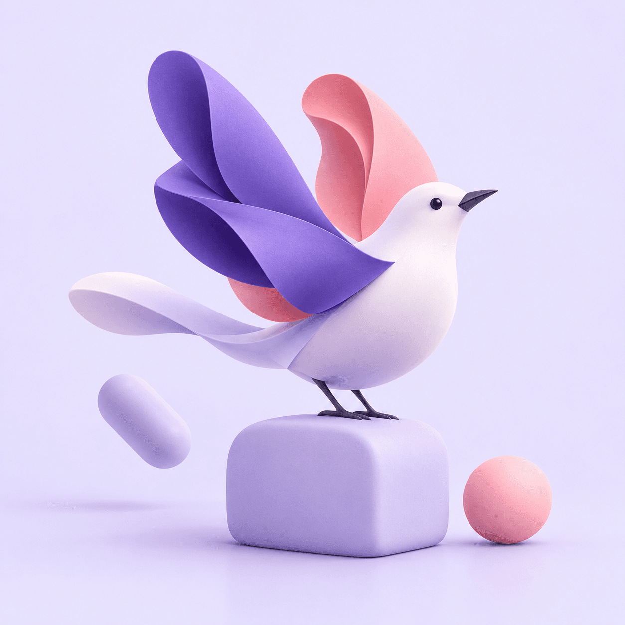 A sculptural white songbird with violet and coral folded wings, taking flight from a lavender block.